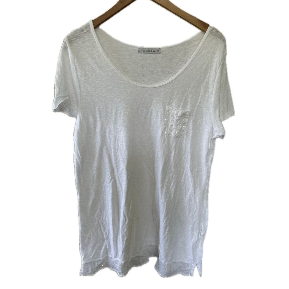 Cut Loose Women's Linen Cotton Blend Semi Sheer Sequins Accents Basic T-Shirt M